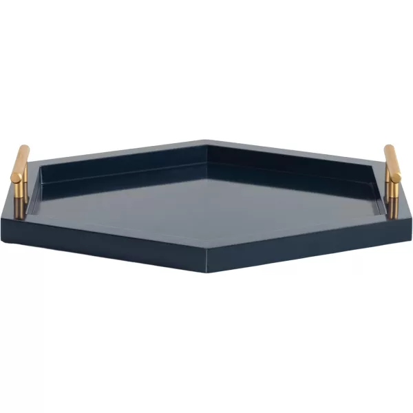Kate and Laurel Halsey Decorative Hexagon Tray with Gold Metal Handles 18 x 16 Navy Blue and Gold Modern Glam Serving Tray with Handles for Living Room DecorNavy Blue