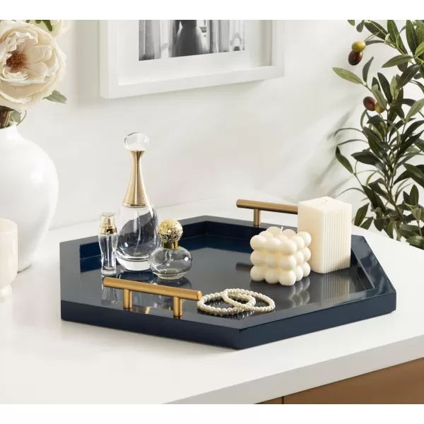 Kate and Laurel Halsey Decorative Hexagon Tray with Gold Metal Handles 18 x 16 Navy Blue and Gold Modern Glam Serving Tray with Handles for Living Room DecorNavy Blue