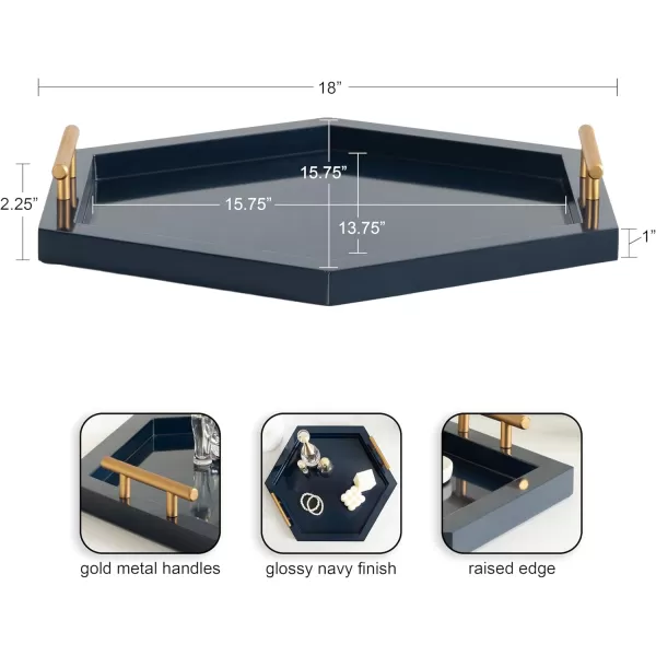 Kate and Laurel Halsey Decorative Hexagon Tray with Gold Metal Handles 18 x 16 Navy Blue and Gold Modern Glam Serving Tray with Handles for Living Room DecorNavy Blue