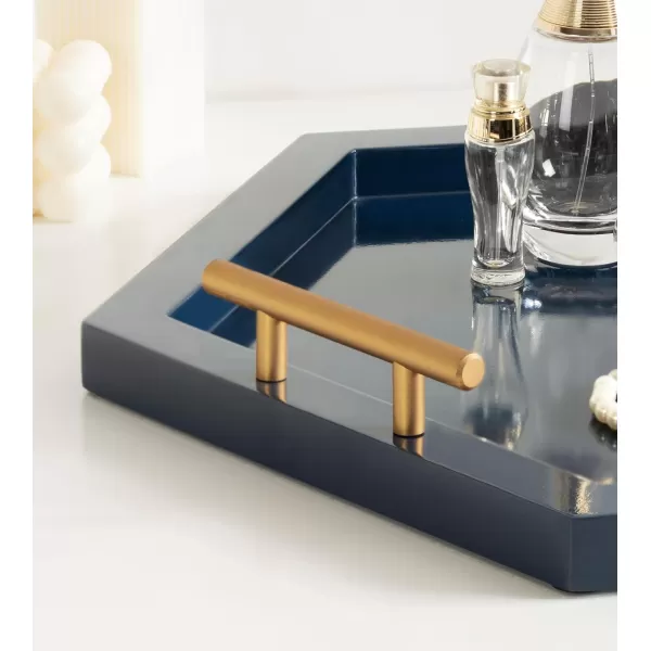 Kate and Laurel Halsey Decorative Hexagon Tray with Gold Metal Handles 18 x 16 Navy Blue and Gold Modern Glam Serving Tray with Handles for Living Room DecorNavy Blue