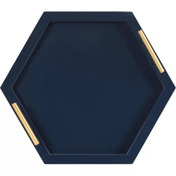 Kate and Laurel Halsey Decorative Hexagon Tray with Gold Metal Handles 18 x 16 Navy Blue and Gold Modern Glam Serving Tray with Handles for Living Room DecorNavy Blue