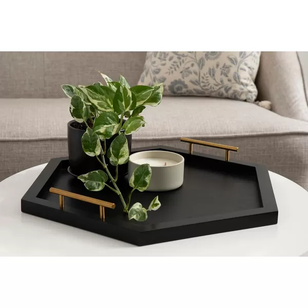 Kate and Laurel Halsey Hexagon Decorative Wooden Tray with Polished Metal Handles 22 x 19 Black and Gold Modern Glam Wood Hexagon Serving Tray for Display or DecorationBlack