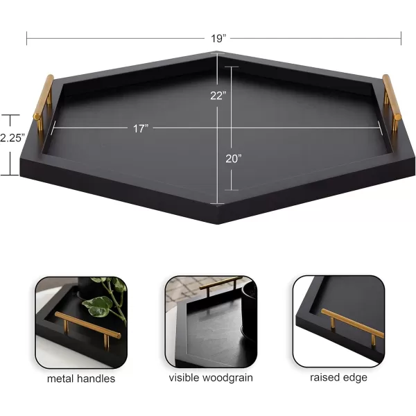 Kate and Laurel Halsey Hexagon Decorative Wooden Tray with Polished Metal Handles 22 x 19 Black and Gold Modern Glam Wood Hexagon Serving Tray for Display or DecorationBlack