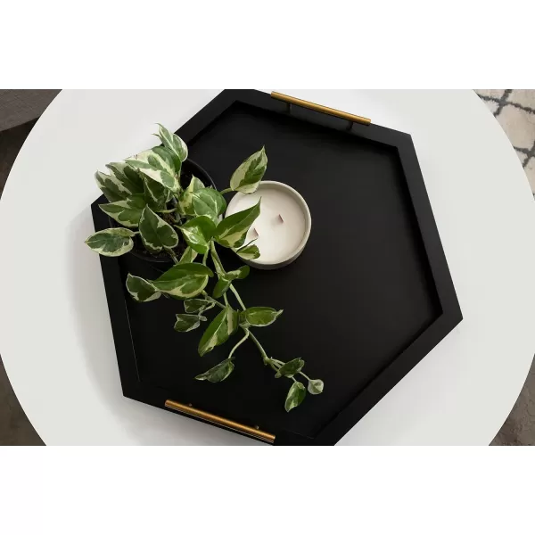 Kate and Laurel Halsey Hexagon Decorative Wooden Tray with Polished Metal Handles 22 x 19 Black and Gold Modern Glam Wood Hexagon Serving Tray for Display or DecorationBlack