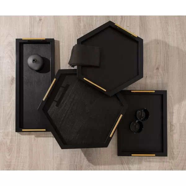 Kate and Laurel Halsey Hexagon Decorative Wooden Tray with Polished Metal Handles 22 x 19 Black and Gold Modern Glam Wood Hexagon Serving Tray for Display or DecorationBlack