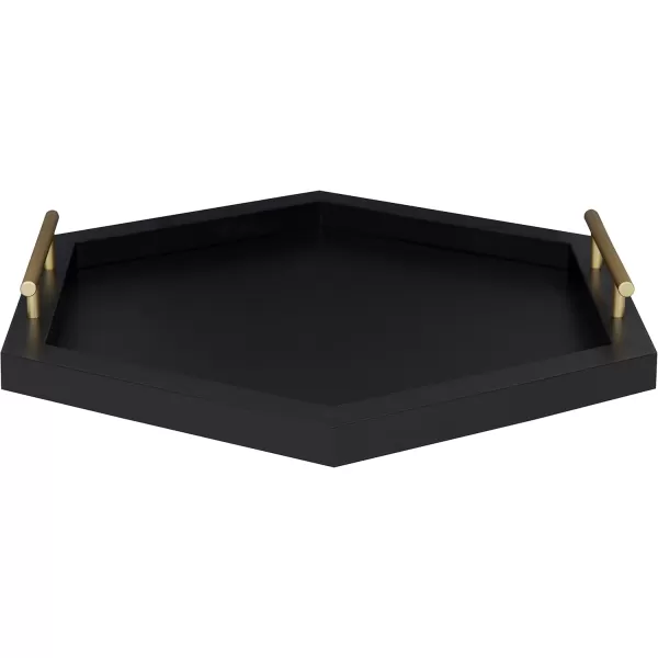 Kate and Laurel Halsey Hexagon Decorative Wooden Tray with Polished Metal Handles 22 x 19 Black and Gold Modern Glam Wood Hexagon Serving Tray for Display or DecorationBlack