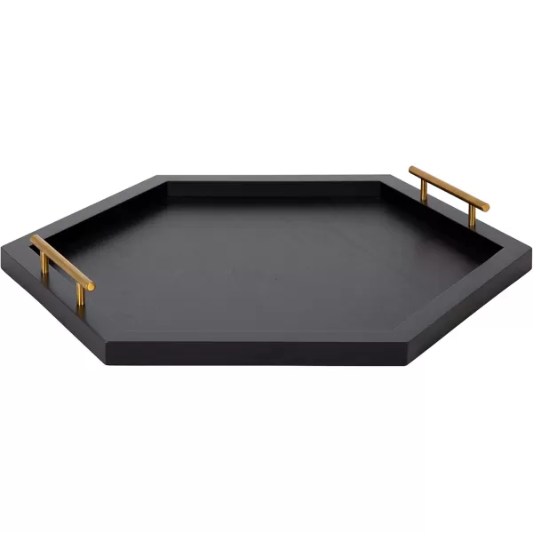 Kate and Laurel Halsey Hexagon Decorative Wooden Tray with Polished Metal Handles 22 x 19 Black and Gold Modern Glam Wood Hexagon Serving Tray for Display or DecorationBlack