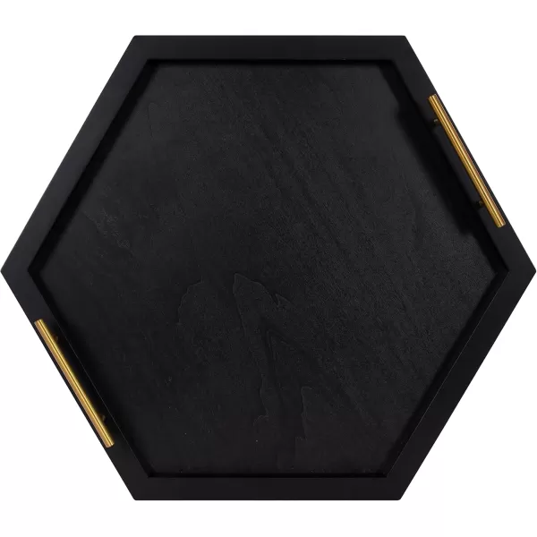 Kate and Laurel Halsey Hexagon Decorative Wooden Tray with Polished Metal Handles 22 x 19 Black and Gold Modern Glam Wood Hexagon Serving Tray for Display or DecorationBlack