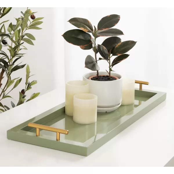 Kate and Laurel Halsey Rectangle Decorative Narrow Tray with Gold Metal Handles 24 x 10 Green and Gold Modern Glam Slim Serving Tray with Handles for Living Room Decor