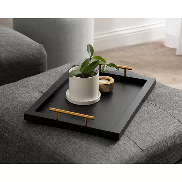 Kate and Laurel Halsey Rectangle Decorative Narrow Tray with Gold Metal Handles 24 x 10 White and Gold Modern Glam Slim Serving Tray with Handles for Living Room DecorBlack