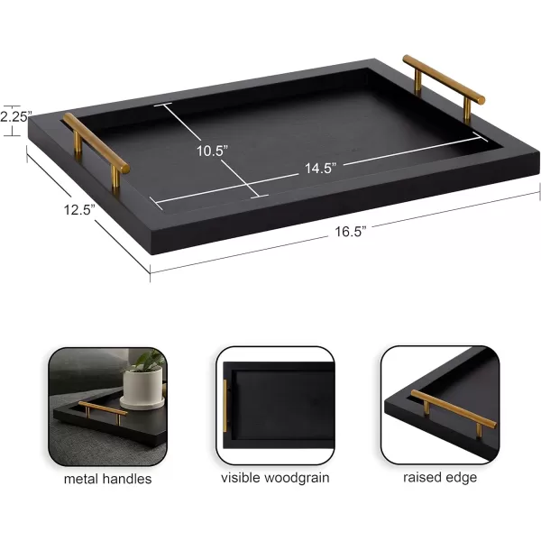 Kate and Laurel Halsey Rectangle Decorative Narrow Tray with Gold Metal Handles 24 x 10 White and Gold Modern Glam Slim Serving Tray with Handles for Living Room DecorBlack