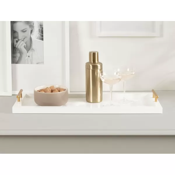 Kate and Laurel Halsey Rectangle Decorative Narrow Tray with Gold Metal Handles 24 x 10 White and Gold Modern Glam Slim Serving Tray with Handles for Living Room DecorWhite
