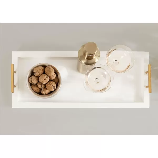 Kate and Laurel Halsey Rectangle Decorative Narrow Tray with Gold Metal Handles 24 x 10 White and Gold Modern Glam Slim Serving Tray with Handles for Living Room DecorWhite