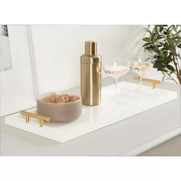Kate and Laurel Halsey Rectangle Decorative Narrow Tray with Gold Metal Handles 24 x 10 White and Gold Modern Glam Slim Serving Tray with Handles for Living Room DecorWhite