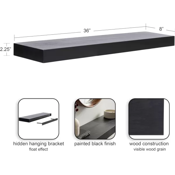 Kate and Laurel Havlock Modern Natural Floating Shelves Set of 3 12 x 8 Black Functional Bathroom and Kitchen Shelves for Storage and DisplayBlack