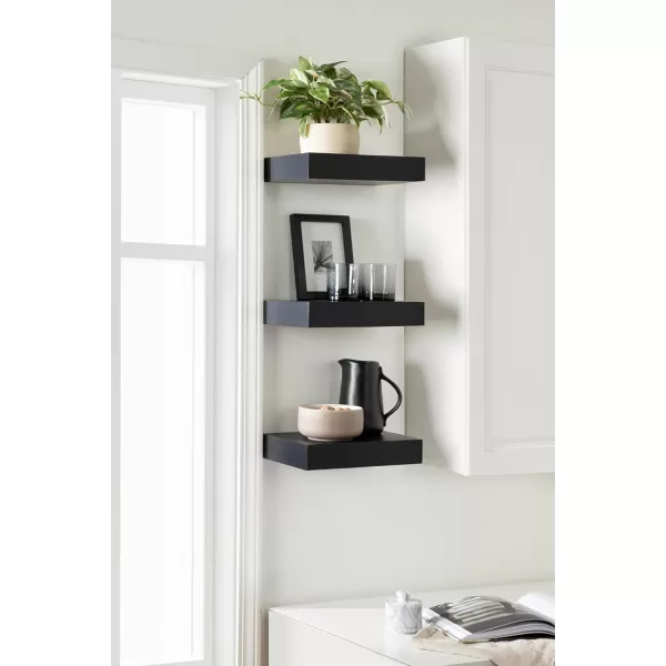 Kate and Laurel Havlock Modern Natural Floating Shelves Set of 3 12 x 8 Black Functional Bathroom and Kitchen Shelves for Storage and DisplayBlack