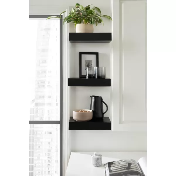 Kate and Laurel Havlock Modern Natural Floating Shelves Set of 3 12 x 8 Black Functional Bathroom and Kitchen Shelves for Storage and DisplayBlack