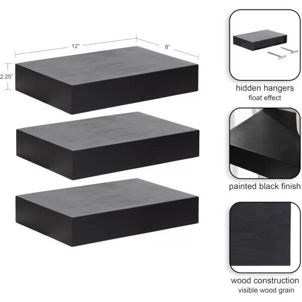 Kate and Laurel Havlock Modern Natural Floating Shelves Set of 3 12 x 8 Black Functional Bathroom and Kitchen Shelves for Storage and DisplayBlack