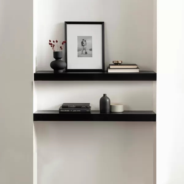 Kate and Laurel Havlock Modern Natural Floating Shelves Set of 3 12 x 8 Black Functional Bathroom and Kitchen Shelves for Storage and DisplayBlack