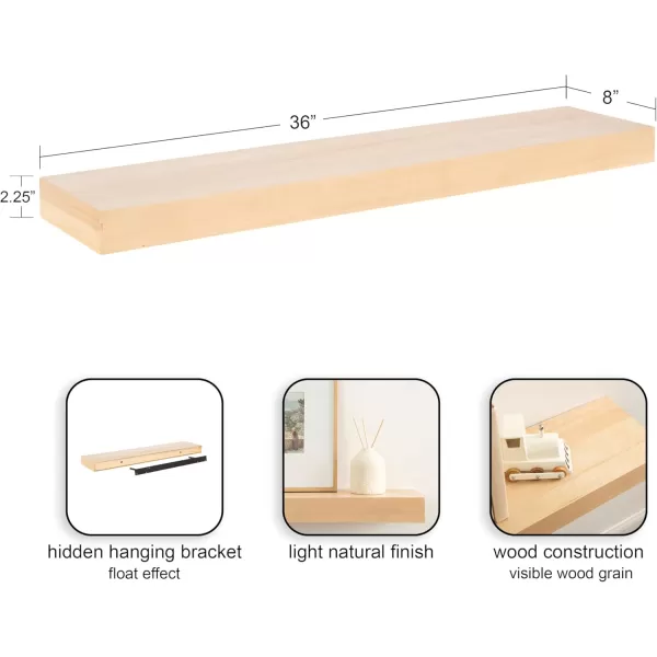 Kate and Laurel Havlock Modern Natural Floating Shelves Set of 3 12 x 8 Black Functional Bathroom and Kitchen Shelves for Storage and DisplayNatural