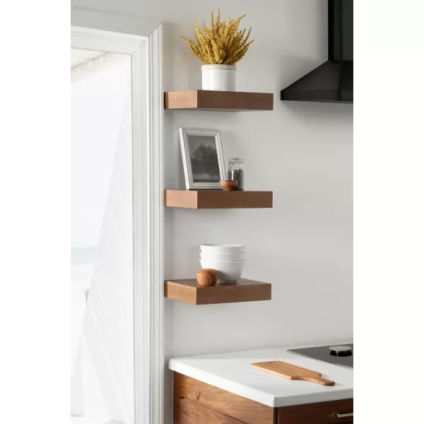 Kate and Laurel Havlock Modern Natural Floating Shelves Set of 3 12 x 8 Black Functional Bathroom and Kitchen Shelves for Storage and DisplayRustic Brown