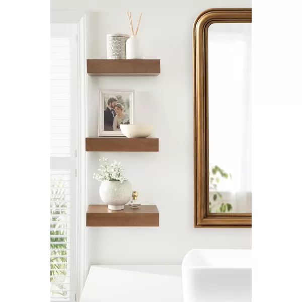 Kate and Laurel Havlock Modern Natural Floating Shelves Set of 3 12 x 8 Black Functional Bathroom and Kitchen Shelves for Storage and DisplayRustic Brown