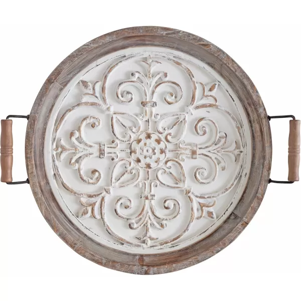 Kate and Laurel Hillrose Round Wooden Tray 18 inch Diameter Rustic Brown and White Decorative Tray for Serving Display and Storage