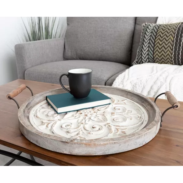 Kate and Laurel Hillrose Round Wooden Tray 18 inch Diameter Rustic Brown and White Decorative Tray for Serving Display and Storage