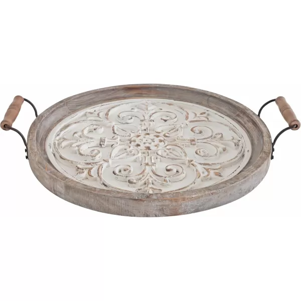 Kate and Laurel Hillrose Round Wooden Tray 18 inch Diameter Rustic Brown and White Decorative Tray for Serving Display and Storage