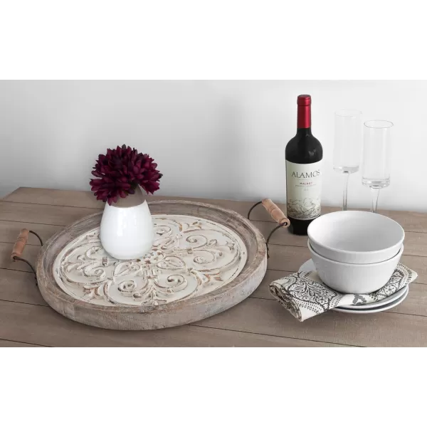 Kate and Laurel Hillrose Round Wooden Tray 18 inch Diameter Rustic Brown and White Decorative Tray for Serving Display and Storage