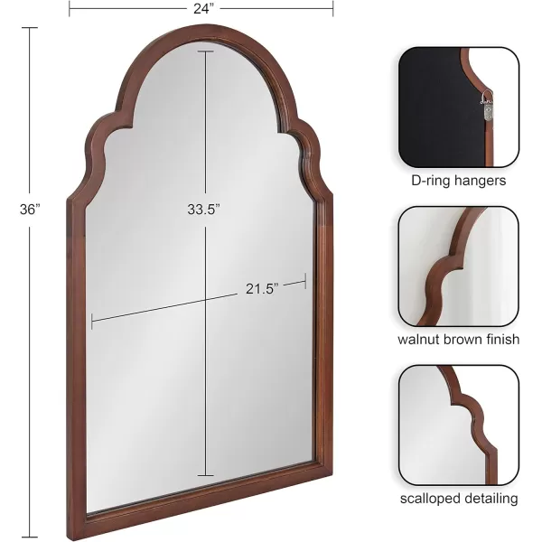 Kate and Laurel Hogan Wood Framed Arched Wall Mirror 24 x 48 Gold Glamorous Moroccan Mirror for Sophisticated Wall DecorWalnut Brown