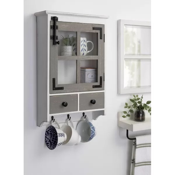 Kate and Laurel Hutchins Decorative Farmhouse Wood Wall Cabinet White and Gray Wall Cabinet with Window Pane Glass Door and 2 Storage DrawersWhiteGray