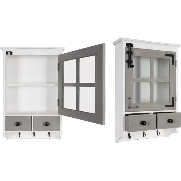 Kate and Laurel Hutchins Decorative Farmhouse Wood Wall Cabinet White and Gray Wall Cabinet with Window Pane Glass Door and 2 Storage DrawersWhiteGray