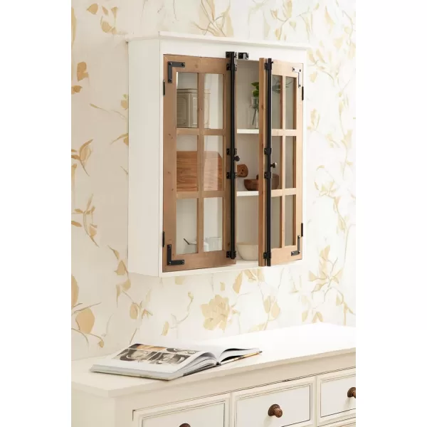 Kate and Laurel Hutchins Farmhouse Tall Wooden Wall Cabinet 24 x 7 x 28 Rustic Brown and White Vintage Cabinet with Glass Doors for Use as a Pantry Cabinet or an OverTheToilet Storage Cabinet