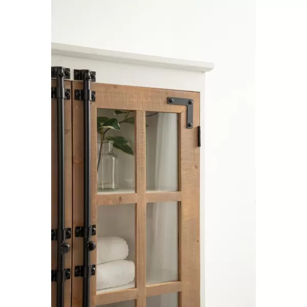 Kate and Laurel Hutchins Farmhouse Tall Wooden Wall Cabinet 24 x 7 x 28 Rustic Brown and White Vintage Cabinet with Glass Doors for Use as a Pantry Cabinet or an OverTheToilet Storage Cabinet
