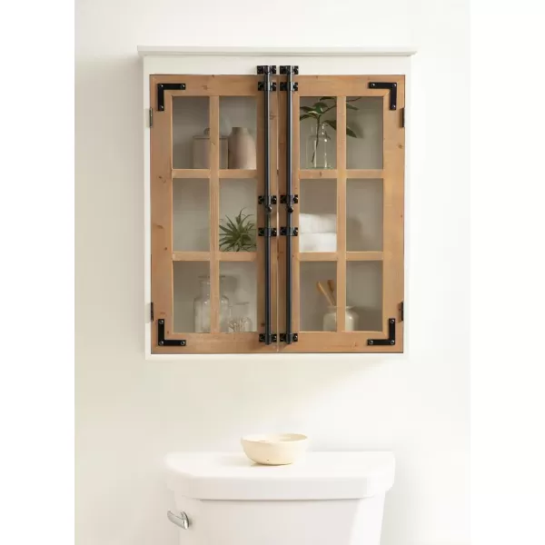 Kate and Laurel Hutchins Farmhouse Tall Wooden Wall Cabinet 24 x 7 x 28 Rustic Brown and White Vintage Cabinet with Glass Doors for Use as a Pantry Cabinet or an OverTheToilet Storage Cabinet
