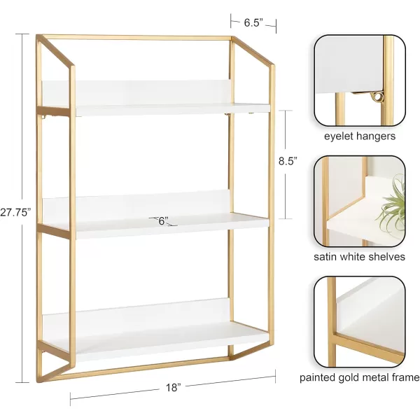 Kate and Laurel Hylton Modern Glam 3Tier Floating Wall Shelf 18 x 7 x 28 White and Gold Charming Tiered Shelving with Three Levels for Display and StorageWhiteGold