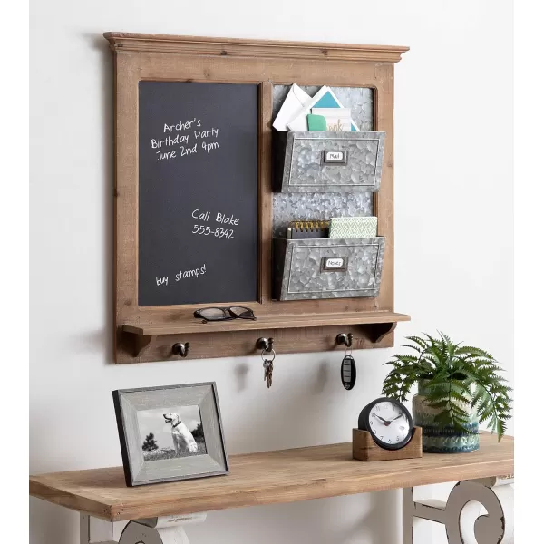 Kate and Laurel Idamae Wood Framed Chalkboard Wall Organizer with Mail Holders and Key Hooks 28quot x 25quot Rustic Brown FarmhouseInspired ChalkboardRustic Brown