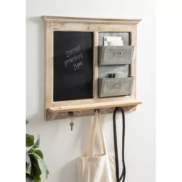 Kate and Laurel Idamae Wood Framed Chalkboard Wall Organizer with Mail Holders and Key Hooks 28quot x 25quot Rustic Brown FarmhouseInspired ChalkboardDistressed White