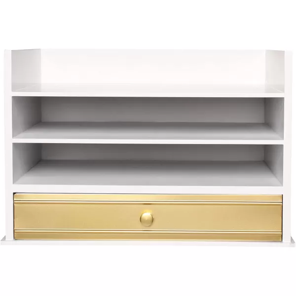 Kate and Laurel Industrious Desktop Wood Letter Tray with 3 Trays and Drawer White and GoldGoldWhite