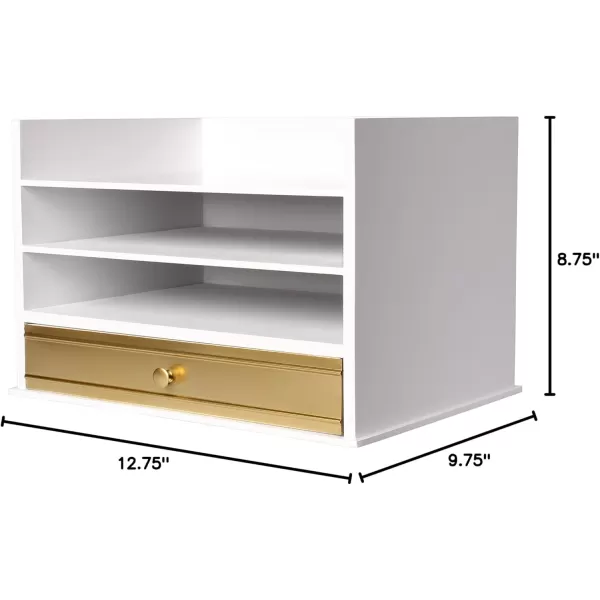 Kate and Laurel Industrious Desktop Wood Letter Tray with 3 Trays and Drawer White and GoldGoldWhite