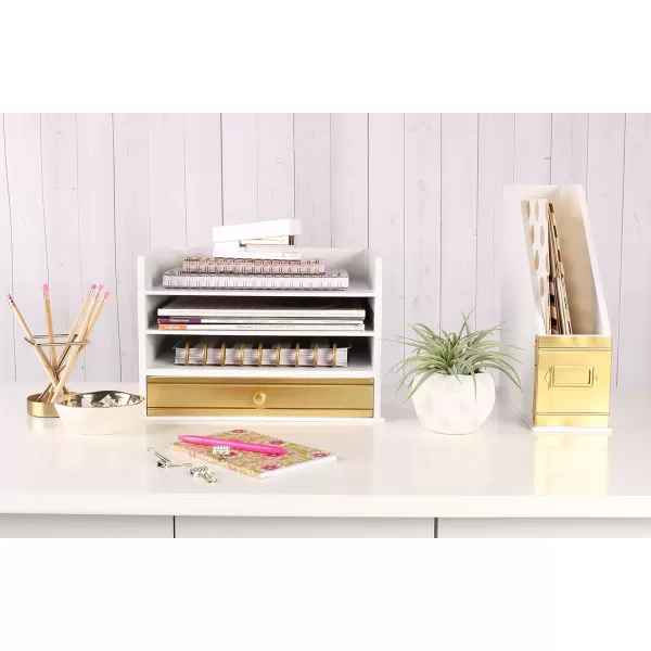 Kate and Laurel Industrious Desktop Wood Letter Tray with 3 Trays and Drawer White and GoldGoldWhite