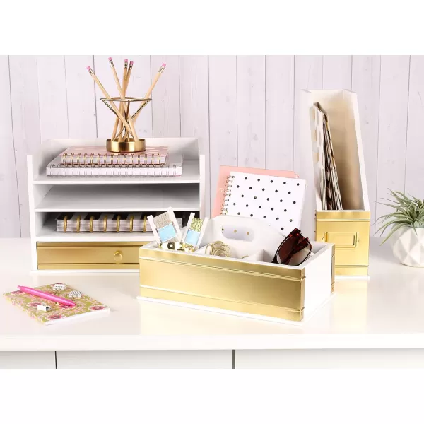 Kate and Laurel Industrious Desktop Wood Letter Tray with 3 Trays and Drawer White and GoldGoldWhite
