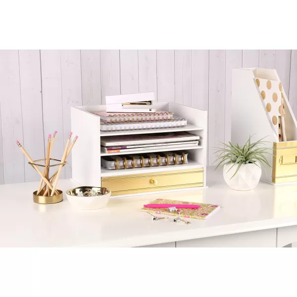 Kate and Laurel Industrious Desktop Wood Letter Tray with 3 Trays and Drawer White and GoldGoldWhite