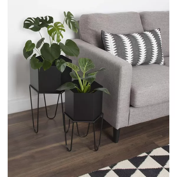 Kate and Laurel Jarvan Modern Metal Planter 2 Piece Set Black Chic Hexagon Succulent Planters for Display
