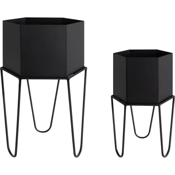 Kate and Laurel Jarvan Modern Metal Planter 2 Piece Set Black Chic Hexagon Succulent Planters for Display
