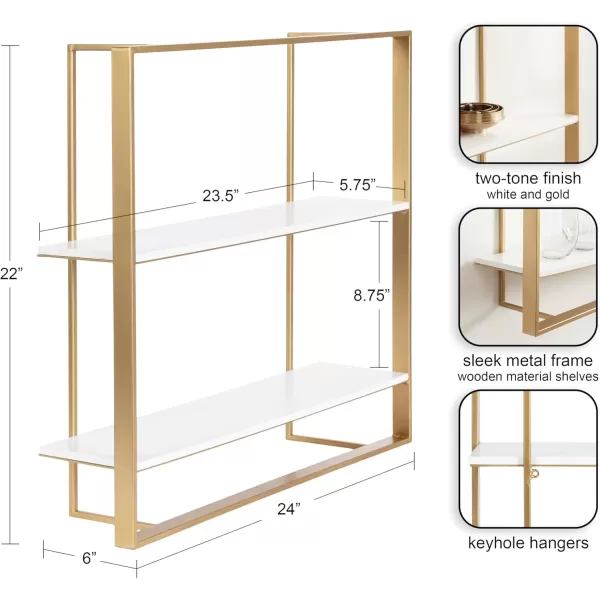 Kate and Laurel Kercheval Glam TwoTier Wall Shelf 24 x 6 x 22 White and Gold Modern Small Bookshelf with Two Tiers for Use as Living Room Display or Over The Toilet Storage