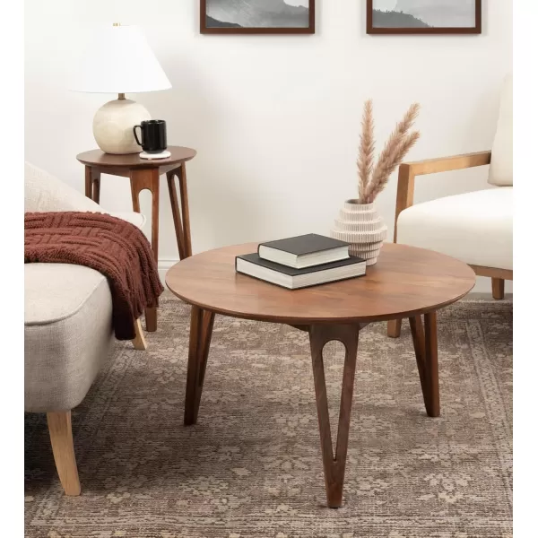 Kate and Laurel Kershaw MidCentury Modern Round Coffee Table 30 x 30 x 19 Walnut Brown Transitional Circle Living Room Table with Solid Mango Wood Construction and Tapered Hairpin LegsWalnut Brown