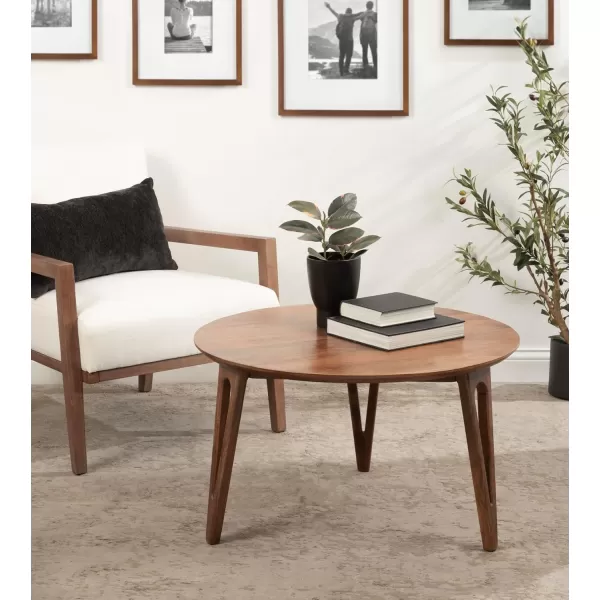 Kate and Laurel Kershaw MidCentury Modern Round Coffee Table 30 x 30 x 19 Walnut Brown Transitional Circle Living Room Table with Solid Mango Wood Construction and Tapered Hairpin LegsWalnut Brown