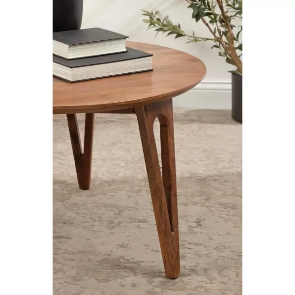 Kate and Laurel Kershaw MidCentury Modern Round Coffee Table 30 x 30 x 19 Walnut Brown Transitional Circle Living Room Table with Solid Mango Wood Construction and Tapered Hairpin LegsWalnut Brown